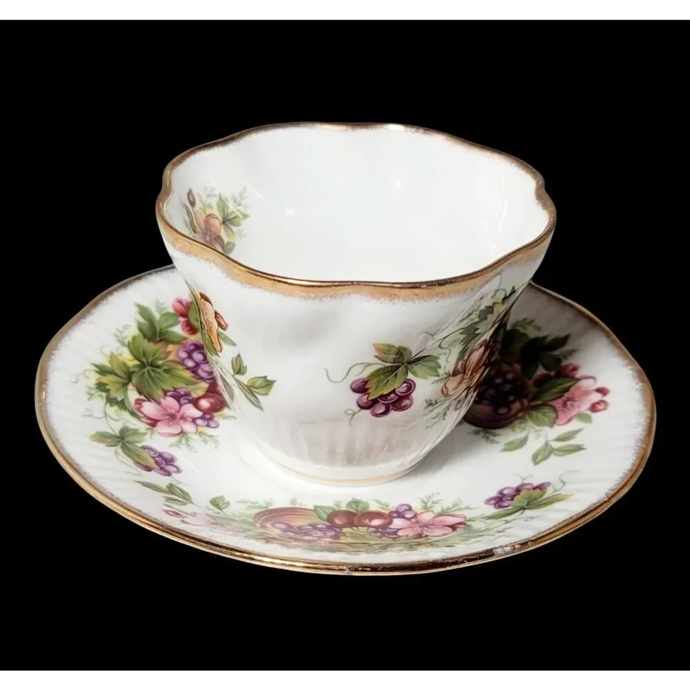 RARE VINTAGE ROYAL MINSTER TEA CUP AND SAUCER FINE BONE CHINA FLOWERS AND FRUITS